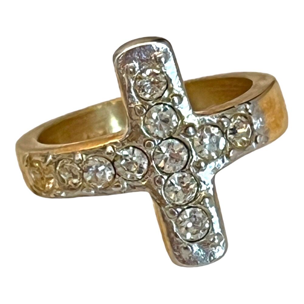 Vintage 1980s 18KT HGE Cross Ring Crystal Accented Gold Tone Size 7 - 4B